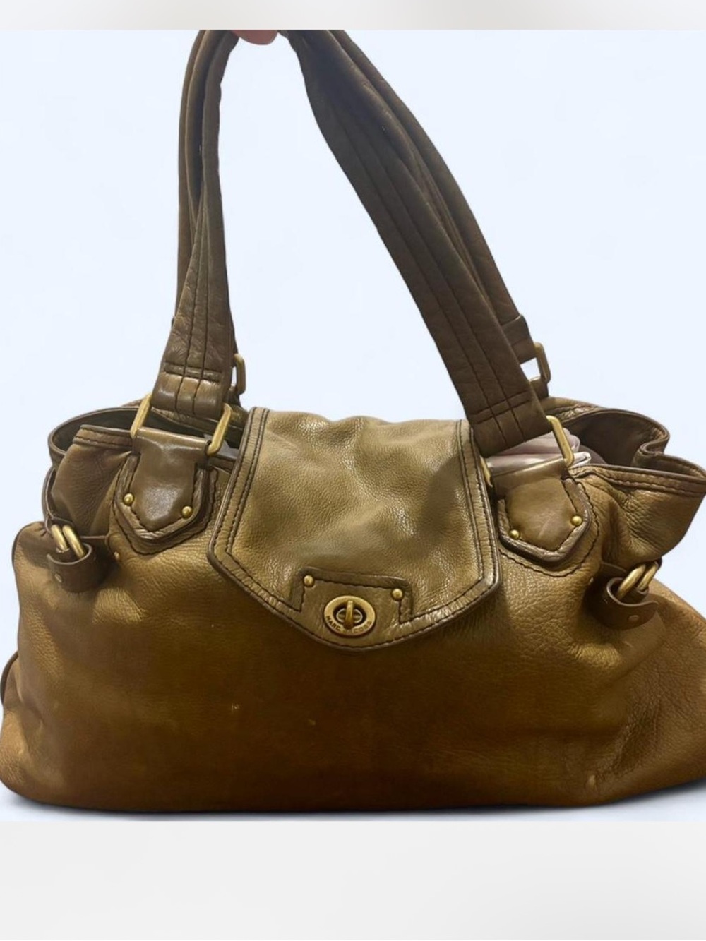 Vintage Early 2000’s Marc Jacobs Large Olive Leather Shoulder Bag with Turn-Lock